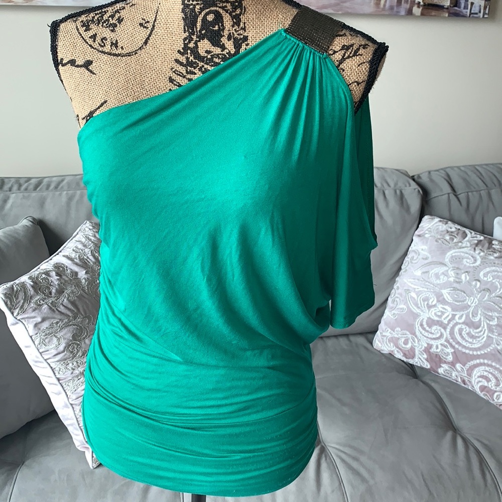 Sexy green one shoulder top with ruched body.